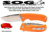 SOG Knives SOG-14-06-03-43 Tellus FLK Flipper Pocket Knife 4-3/4" Closed 3-5/8" CRYO 440C Stonewashed Clip Point, Blaze Orange GRN Handles, Frame Lock