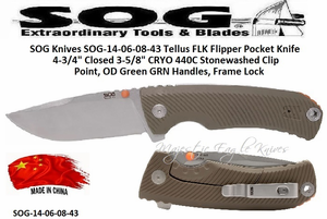SOG Knives SOG-14-06-08-43 Tellus FLK Flipper Pocket Knife 4-3/4" Closed 3-5/8" CRYO 440C Stonewashed Clip Point, OD Green GRN Handles, Frame Lock