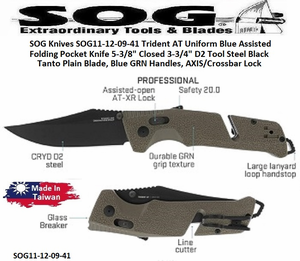 SOG Knives SOG Knives SOG11-12-09-41 Trident AT Uniform Blue Assisted Folding Pocket Knife 5-3/8" Closed 3-3/4" D2 Tool Steel Black Tanto Plain Blade, Blue GRN Handles, AXIS/Crossbar Lock SOG Knives SOG Knives SOG11-12-09-41 Trident AT Uniform Blue Assisted Folding Pocket Knife 5-3/8" Closed 3-3/4" D2 Tool Steel Black Tanto Plain Blade, Blue GRN Handles, AXIS/Crossbar Lock