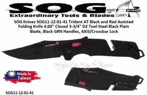 SOG Knives SOG11-12-01-41 Trident AT Black and Red Assisted Folding Pocket Knife 4" Closed 3-3/4" D2 Tool Steel Black Plain Blade, Black GRN Handles, SOG Knives AXIS/Crossbar Lock 