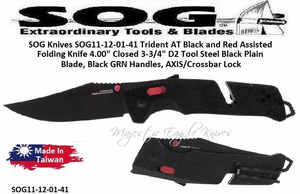 SOG Knives SOG11-12-01-41 Trident AT Black and Red Assisted Folding Pocket Knife 4" Closed 3-3/4" D2 Tool Steel Black Plain Blade, Black GRN Handles, SOG Knives AXIS/Crossbar Lock SOG Knives SOG11-12-01-41 Trident AT Black and Red Assisted Folding Pocket Knife 4" Closed 3-3/4" D2 Tool Steel Black Plain Blade, Black GRN Handles, SOG Knives AXIS/Crossbar Lock