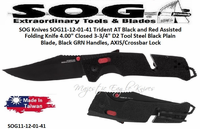 SOG Knives SOG11-12-01-41 Trident AT Black and Red Assisted Folding Pocket Knife 4" Closed 3-3/4" D2 Tool Steel Black Plain Blade, Black GRN Handles, SOG Knives AXIS/Crossbar Lock 