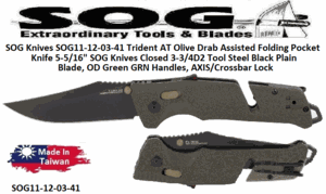 SOG Knives SOG11-12-03-41 Trident AT Olive Drab Assisted Folding Pocket Knife 5-5/16" SOG Knives Closed 3-3/4D2 Tool Steel Black Plain Blade, OD Green GRN Handles, AXIS/Crossbar Lock 