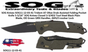 SOG Knives SOG11-12-03-41 Trident AT Olive Drab Assisted Folding Pocket Knife 5-5/16" SOG Knives Closed 3-3/4D2 Tool Steel Black Plain Blade, OD Green GRN Handles, AXIS/Crossbar Lock SOG Knives SOG11-12-03-41 Trident AT Olive Drab Assisted Folding Pocket Knife 5-5/16" SOG Knives Closed 3-3/4D2 Tool Steel Black Plain Blade, OD Green GRN Handles, AXIS/Crossbar Lock
