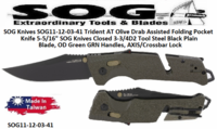 SOG Knives SOG11-12-03-41 Trident AT Olive Drab Assisted Folding Pocket Knife 5-5/16" SOG Knives Closed 3-3/4D2 Tool Steel Black Plain Blade, OD Green GRN Handles, AXIS/Crossbar Lock 