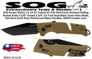 SOG Knives SOG11-12-12-41 Trident AT Flat Dark Earth Assisted Folding Pocket Knife 5-3/8" Closed 3-3/4" D2 Tool Steel Black Tanto Plain Blade, Flat Dark Earth Glass Reinforced Nylon Handles, AXIS/Crossbar Lock 