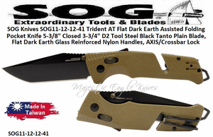 SOG Knives SOG11-12-12-41 Trident AT Flat Dark Earth Assisted Folding Pocket Knife 5-3/8" Closed 3-3/4" D2 Tool Steel Black Tanto Plain Blade, Flat Dark Earth Glass Reinforced Nylon Handles, AXIS/Crossbar Lock SOG Knives SOG11-12-12-41 Trident AT Flat Dark Earth Assisted Folding Pocket Knife 5-3/8" Closed 3-3/4" D2 Tool Steel Black Tanto Plain Blade, Flat Dark Earth Glass Reinforced Nylon Handles, AXIS/Crossbar Lock
