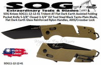 SOG Knives SOG11-12-12-41 Trident AT Flat Dark Earth Assisted Folding Pocket Knife 5-3/8" Closed 3-3/4" D2 Tool Steel Black Tanto Plain Blade, Flat Dark Earth Glass Reinforced Nylon Handles, AXIS/Crossbar Lock 