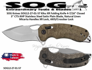 SOG Knives SOG12-27-01-57 Kiku XR Folding Knife 4-7/16" Closed 3" CTS-XHP Stainless Steel Satin Plain Blade, Natural Linen Micarta Handles XR Lock, AXIS/Crossbar Lock SOG Knives SOG12-27-01-57 Kiku XR Folding Knife 4-7/16" Closed 3" CTS-XHP Stainless Steel Satin Plain Blade, Natural Linen Micarta Handles XR Lock, AXIS/Crossbar Lock