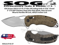 SOG Knives SOG12-27-01-57 Kiku XR Folding Knife 4-7/16" Closed 3" CTS-XHP Stainless Steel Satin Plain Blade, Natural Linen Micarta Handles XR Lock, AXIS/Crossbar Lock