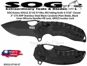 SOG Knives SOG12-27-02-57 Kiku XR Folding Knife 4-7/16" Closed 3" CTS-XHP Stainless Steel Black Cerakote Plain Blade, Black Linen Micarta Handles XR Lock, AXIS/Crossbar Lock 