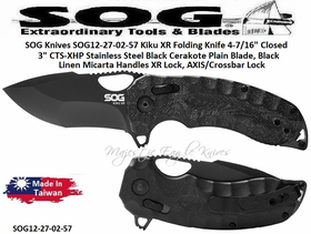SOG Knives SOG12-27-02-57 Kiku XR Folding Knife 4-7/16" Closed 3" CTS-XHP Stainless Steel Black Cerakote Plain Blade, Black Linen Micarta Handles XR Lock, AXIS/Crossbar Lock SOG Knives SOG12-27-02-57 Kiku XR Folding Knife 4-7/16" Closed 3" CTS-XHP Stainless Steel Black Cerakote Plain Blade, Black Linen Micarta Handles XR Lock, AXIS/Crossbar Lock