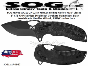 SOG Knives SOG12-27-02-57 Kiku XR Folding Knife 4-7/16" Closed 3" CTS-XHP Stainless Steel Black Cerakote Plain Blade, Black Linen Micarta Handles XR Lock, AXIS/Crossbar Lock 