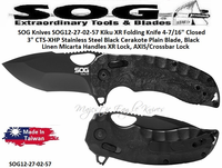 SOG Knives SOG12-27-02-57 Kiku XR Folding Knife 4-7/16" Closed 3" CTS-XHP Stainless Steel Black Cerakote Plain Blade, Black Linen Micarta Handles XR Lock, AXIS/Crossbar Lock 