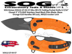 SOG Knives SOG12-27-03-57 Kiku XR LTE Folding Knife 4-7/16" Closed 3" CTS-XHP Stainless Steel Black Plain Blade, Blaze Orange G10 Handles XR Lock, AXIS/Crossbar Lock