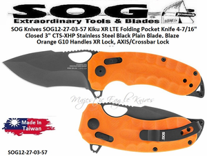 SOG Knives SOG12-27-03-57 Kiku XR LTE Folding Knife 4-7/16" Closed 3" CTS-XHP Stainless Steel Black Plain Blade, Blaze Orange G10 Handles XR Lock, AXIS/Crossbar Lock SOG Knives SOG12-27-03-57 Kiku XR LTE Folding Knife 4-7/16" Closed 3" CTS-XHP Stainless Steel Black Plain Blade, Blaze Orange G10 Handles XR Lock, AXIS/Crossbar Lock