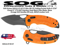 SOG Knives SOG12-27-03-57 Kiku XR LTE Folding Knife 4-7/16" Closed 3" CTS-XHP Stainless Steel Black Plain Blade, Blaze Orange G10 Handles XR Lock, AXIS/Crossbar Lock