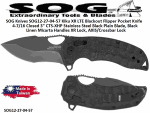 SOG Knives SOG12-27-04-57 Kiku XR LTE Blackout Flipper Pocket Knife 4-7/16 Closed 3" CTS-XHP Stainless Steel Black Plain Blade, Black Linen Micarta Handles XR Lock, AXIS/Crossbar Lock 