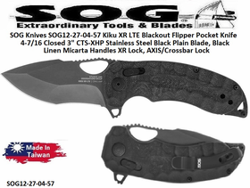 SOG Knives SOG12-27-04-57 Kiku XR LTE Blackout Flipper Pocket Knife 4-7/16 Closed 3" CTS-XHP Stainless Steel Black Plain Blade, Black Linen Micarta Handles XR Lock, AXIS/Crossbar Lock 