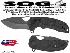 SOG Knives SOG12-27-04-57 Kiku XR LTE Blackout Flipper Pocket Knife 4-7/16 Closed 3" CTS-XHP Stainless Steel Black Plain Blade, Black Linen Micarta Handles XR Lock, AXIS/Crossbar Lock 