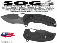 SOG Knives SOG12-27-04-57 Kiku XR LTE Blackout Flipper Pocket Knife 4-7/16 Closed 3" CTS-XHP Stainless Steel Black Plain Blade, Black Linen Micarta Handles XR Lock, AXIS/Crossbar Lock 