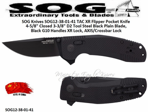 SOG Knives SOG12-38-01-41 TAC XR Flipper Pocket Knife 4-5/8" Closed 3-3/8" D2 Tool Steel Black Plain Blade, Black G10 Handles XR Lock, AXIS/Crossbar Lock SOG Knives SOG12-38-01-41 TAC XR Flipper Pocket Knife 4-5/8" Closed 3-3/8" D2 Tool Steel Black Plain Blade, Black G10 Handles XR Lock, AXIS/Crossbar Lock