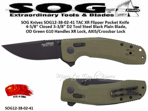 SOG Knives SOG12-38-02-41 TAC XR Flipper Pocket Knife 4-5/8" Closed 3-3/8" D2 Tool Steel Black Plain Blade, OD Green G10 Handles XR Lock, AXIS/Crossbar Lock SOG Knives SOG12-38-02-41 TAC XR Flipper Pocket Knife 4-5/8" Closed 3-3/8" D2 Tool Steel Black Plain Blade, OD Green G10 Handles XR Lock, AXIS/Crossbar Lock