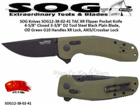 SOG Knives SOG12-38-02-41 TAC XR Flipper Pocket Knife 4-5/8" Closed 3-3/8" D2 Tool Steel Black Plain Blade, OD Green G10 Handles XR Lock, AXIS/Crossbar Lock 