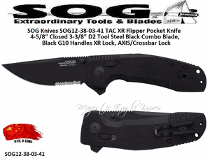 SOG Knives SOG12-38-03-41 TAC XR Flipper Pocket Knife 4-5/8" Closed 3-3/8" D2 Tool Steel Black Combo Blade, Black G10 Handles XR Lock, AXIS/Crossbar Lock 