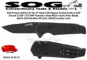 SOG Knives SOG12-57-01-57 Vision XR Flipper Pocket Knife 4-5/8" Closed 3-3/8" CTS-XHP Stainless Steel Black Tanto Plain Blade, Black G10 Handles XR Lock, AXIS/Crossbar Lock 