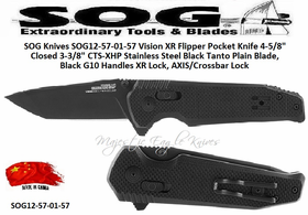 SOG Knives SOG12-57-01-57 Vision XR Flipper Pocket Knife 4-5/8" Closed 3-3/8" CTS-XHP Stainless Steel Black Tanto Plain Blade, Black G10 Handles XR Lock, AXIS/Crossbar Lock SOG Knives SOG12-57-01-57 Vision XR Flipper Pocket Knife 4-5/8" Closed 3-3/8" CTS-XHP Stainless Steel Black Tanto Plain Blade, Black G10 Handles XR Lock, AXIS/Crossbar Lock