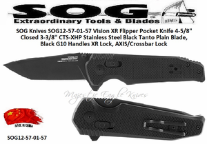 SOG Knives SOG12-57-01-57 Vision XR Flipper Pocket Knife 4-5/8" Closed 3-3/8" CTS-XHP Stainless Steel Black Tanto Plain Blade, Black G10 Handles XR Lock, AXIS/Crossbar Lock SOG Knives SOG12-57-01-57 Vision XR Flipper Pocket Knife 4-5/8" Closed 3-3/8" CTS-XHP Stainless Steel Black Tanto Plain Blade, Black G10 Handles XR Lock, AXIS/Crossbar Lock