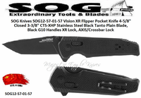 SOG Knives SOG12-57-01-57 Vision XR Flipper Pocket Knife 4-5/8" Closed 3-3/8" CTS-XHP Stainless Steel Black Tanto Plain Blade, Black G10 Handles XR Lock, AXIS/Crossbar Lock 