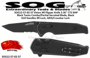SOG Knives SOG12-57-02-57 Vision XR Flipper Knife 3.36" CTS-XHP Black Tanto Combo/Partial Serrated Blade, Black G10 Handles XR Lock, AXIS/Crossbar Lock 
