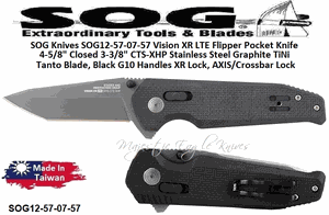 SOG Knives SOG12-57-07-57 Vision XR LTE Flipper Pocket Knife 4-5/8" Closed 3-3/8" CTS-XHP Stainless Steel Graphite TiNi Tanto Blade, Black G10 Handles XR Lock, AXIS/Crossbar Lock 