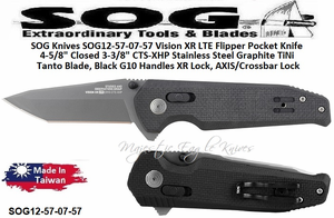 SOG Knives SOG12-57-07-57 Vision XR LTE Flipper Pocket Knife 4-5/8" Closed 3-3/8" CTS-XHP Stainless Steel Graphite TiNi Tanto Blade, Black G10 Handles XR Lock, AXIS/Crossbar Lock SOG Knives SOG12-57-07-57 Vision XR LTE Flipper Pocket Knife 4-5/8" Closed 3-3/8" CTS-XHP Stainless Steel Graphite TiNi Tanto Blade, Black G10 Handles XR Lock, AXIS/Crossbar Lock