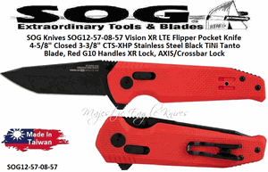 SOG Knives SOG12-57-08-57 Vision XR LTE Flipper Pocket Knife 4-5/8" Closed 3-3/8" CTS-XHP Stainless Steel Black TiNi Tanto Blade, Red G10 Handles XR Lock, AXIS/Crossbar Lock 