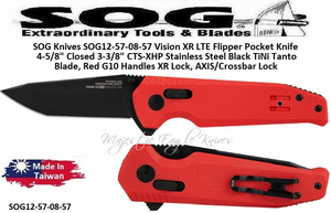 SOG Knives SOG12-57-08-57 Vision XR LTE Flipper Pocket Knife 4-5/8" Closed 3-3/8" CTS-XHP Stainless Steel Black TiNi Tanto Blade, Red G10 Handles XR Lock, AXIS/Crossbar Lock 