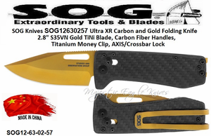 SOG Knives SOG12-63-02-57 Ultra XR Carbon and Gold Folding Knife 2.8" S35VN Gold TiNi Blade, Carbon Fiber Handles, Titanium Money Clip, AXIS/Crossbar Lock SOG Knives SOG12-63-02-57 Ultra XR Carbon and Gold Folding Knife 2.8" S35VN Gold TiNi Blade, Carbon Fiber Handles, Titanium Money Clip, AXIS/Crossbar Lock