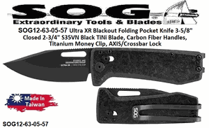 SOG Knives SOG12-63-05-57 Ultra XR Blackout Folding Pocket Knife 3-5/8" Closed 2-3/4" S35VN Black TiNi Blade, Carbon Fiber Handles, Titanium Money Clip, AXIS/Crossbar Lock 