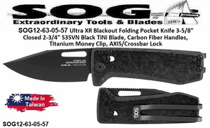 SOG Knives SOG12-63-05-57 Ultra XR Blackout Folding Pocket Knife 3-5/8" Closed 2-3/4" S35VN Black TiNi Blade, Carbon Fiber Handles, Titanium Money Clip, AXIS/Crossbar Lock SOG Knives SOG12-63-05-57 Ultra XR Blackout Folding Pocket Knife 3-5/8" Closed 2-3/4" S35VN Black TiNi Blade, Carbon Fiber Handles, Titanium Money Clip, AXIS/Crossbar Lock