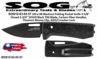 SOG Knives SOG12-63-05-57 Ultra XR Blackout Folding Pocket Knife 3-5/8" Closed 2-3/4" S35VN Black TiNi Blade, Carbon Fiber Handles, Titanium Money Clip, AXIS/Crossbar Lock 