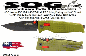SOG Knives SOG12-79-03-57 Altair XR Folding Pocket Knife 4" Closed 3-3/16" 3.19" 154CM Black TiNi Drop Point Blade, Field Green GRN Handles XR Lock, AXIS/Crossbar Lock 