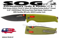 SOG Knives SOG12-79-03-57 Altair XR Folding Pocket Knife 4" Closed 3-3/16" 3.19" 154CM Black TiNi Drop Point Blade, Field Green GRN Handles XR Lock, AXIS/Crossbar Lock 