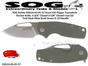 SOG Knives SOG14-03-01-57 Stout FLK Flipper Framelock Pocket Knife, 3-3/4" Closed 2-5/8" Closed Cryo D2 Tool Steel Olive Drab Green G-10 Handle 
