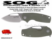 SOG Knives SOG14-03-01-57 Stout FLK Flipper Framelock Pocket Knife, 3-3/4" Closed 2-5/8" Closed Cryo D2 Tool Steel Olive Drab Green G-10 Handle 