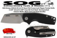 SOG Knives SOG14-03-11-57 Stout FLK Frame Lock Flipper Pocket Knife 3-3/4" Closed 2-3/8" Cryo D2 Tool Steel Stonewashed Cleaver Blade, OD Green G10 and Steel Handles 