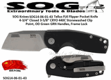 SOG Knives SOG14-06-01-43 Tellus FLK Flipper Pocket Knife 4-3/4" Closed 3-5/8" CRYO 440C Stonewashed Clip Point, OD Green GRN Handles, Frame Lock 