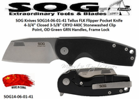 SOG Knives SOG14-06-01-41 Tellus FLK Flipper Pocket Knife 4-3/4" Closed 3-5/8" CRYO 440C Stonewashed Clip Point, OD Green GRN Handles, Frame Lock 