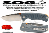 SOG Knives SOG14-06-02-43 Tellus FLK Flipper Pocket Knife 4-3/4" Closed 3-5/8" CRYO 440C Stonewashed Clip Point, Wolf Gray GRN Handles, Frame Lock 